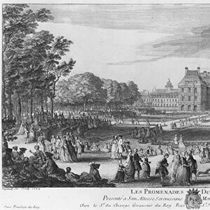 Walking in the Luxembourg gardens, 1729 (engraving) (b / w photo)