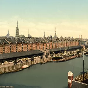 Warehouses at docks, Hamburg, Germany, Photochrome Print, c. 1900 (photochrom)