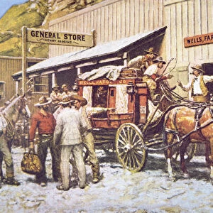 A Wells Fargo & Co. Stagecoach in a western town, 1948 (colour litho)