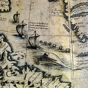 Whaling: the whale is brought ashore to extract oil. From Coronellis globe