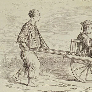 Wheelbarrow Taxi in the 1850s, China, engraved by Alfred Louis Sargent (b
