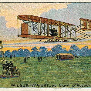 Wilbur Wright making a flight at the Camp d Avours, France, 1908 (chromolitho)