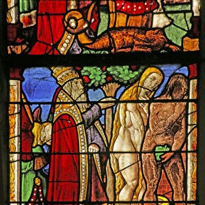 Window depicting God questioning Adam and Eve (stained glass)