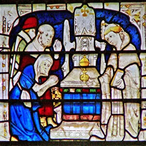 Window depicting a leper woman praying at the shrine of St