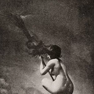 The Witch on her Broomstick, from Illustrierte Sittengeschichte vom Mittelalter bis zur Gegenwart by Eduard Fuchs, published 1909 (litho)