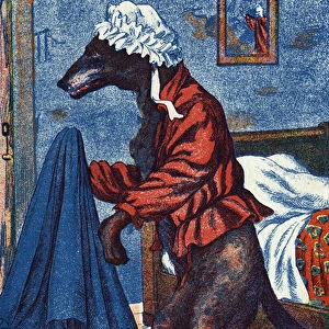 The wolf puts on the grandmothers clothes. Anonymous illustration for "