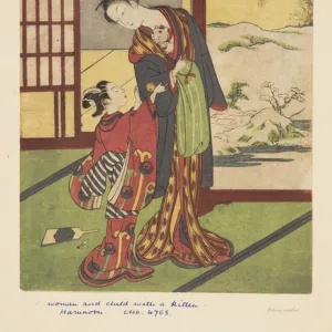 Woman and Child with Kitten (colour woodblock print)