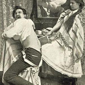 Woman kicking her husband (b / w photo)