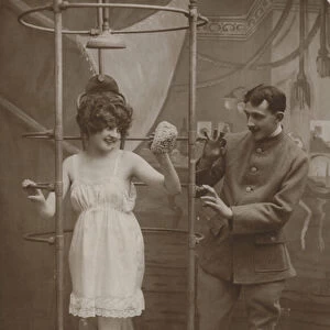 Woman in a shower with a soldier (b / w photo)