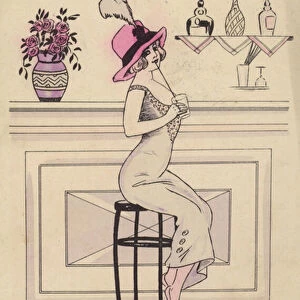 Woman sitting on a bar stool drinking through a straw (colour litho)