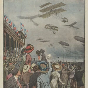 The wonderful aviation races in Reims, airplanes and airships chase each other in the air in... (colour litho)