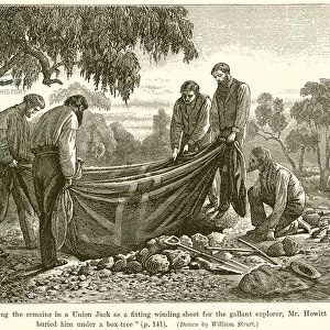 Wrapping the Remains in a Union Jack as a Fitting Winding-Sheet for the Gallant Explorer, Mr. Howitt Buried him under a Box-Tree (engraving)