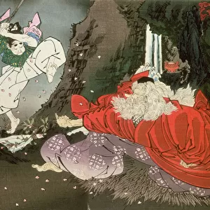 Yoshitsune and the Tengu King, (colour woodblock print)