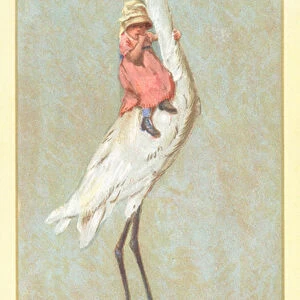 Young Girl holding on to Stork, Christmas Card (chromolitho)