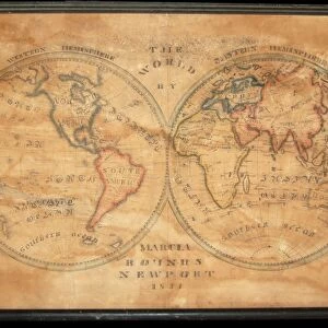 1833, School Girl Manuscript Wall Map of the World on Hemisphere Projection, Marcia