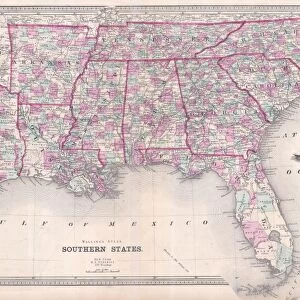 1868, Walling Map of Texas, Florida and the Southern States, topography, cartography