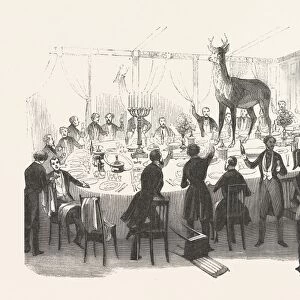 19th century dinner party after the hunt. engraving 1800s