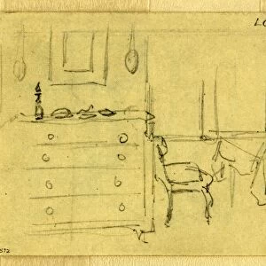 Bedroom, Abraham Lincoln home in Springfield, Illinois, 1865 May, drawing on cream paper pencil