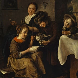 Children teach cat read c. 1665-1668 oil oak