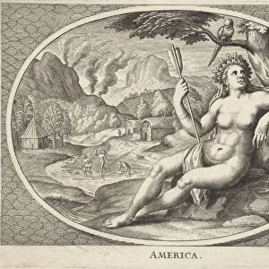 female personification of America continent as a woman with headdress of feathers