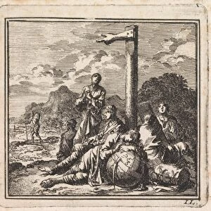 Six figures near a globe at a signpost, Jan Luyken, wed. Pieter Arentsz & Cornelis van der Sys