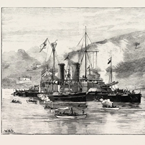H. M. s. Howe being Towed into Ferrol Harbour, a Coruna, Galicia, Spain, 1893 Engraving