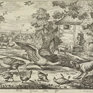 Landscape with two geese defend their young, print maker: Jan Griffier I, Francis Barlow