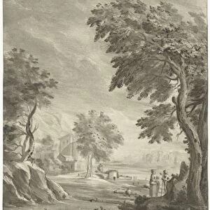 Landscape with pedestrians on the side of a road, the outline of a city, the road