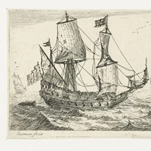 A large sailing ship, a pinnace, and a smaller ship, on the water, three large ships