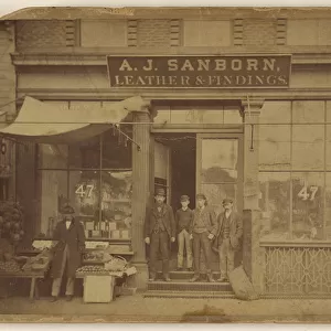 Five men posing front establishment A. J Sanborn