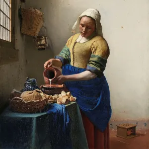 Milkmaid maid stands table pours milk milk jug