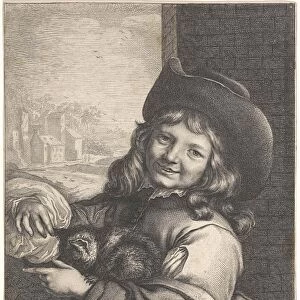 Smiling boy with cat, Lambert Visscher, Antoine Francois Dennel, 1643 - 1815