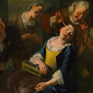Teasing Sleeping Girl ca 1760 Oil canvas 34 1 / 8 x 42 3 / 8