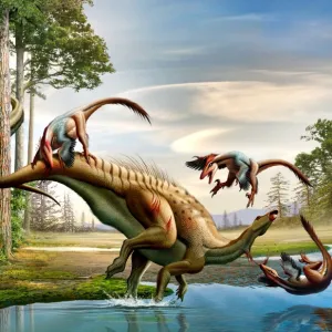 An Acrocanthosaurus observes a Tenontosaurus being attacked by Deinonychus