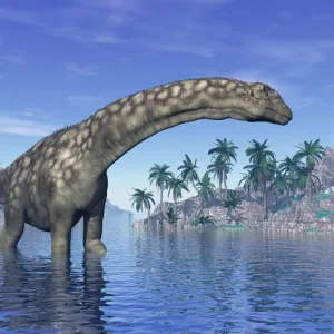 Argentinosaurus dinosaur grazing in a tropical climate