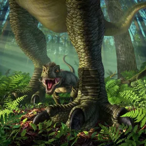 A baby Tyrannosaurus Rex roars while safely standing between its mothers legs