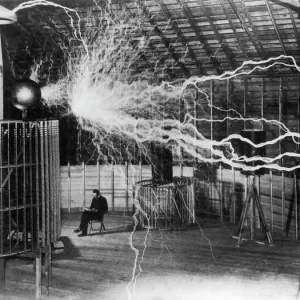 Bolts of electricity discharging in the lab of Nikola Tesla