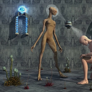 A female reptoid standing over a male humanoid