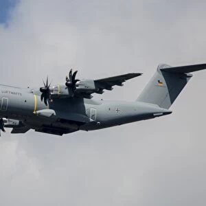 German Air Force Airbus A400M transport plane flying over Neuberg, Germany