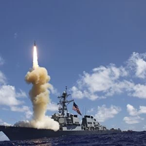 The guided-missile destroyer USS Fitzgerald launches a Standard Missile-3