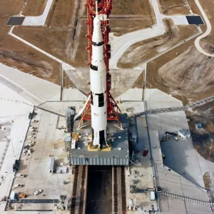 High-angle view of the Apollo 10 space vehicle on its launch pad