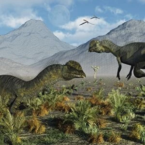 A pair of Dilophosaurus dinosaurs in a prehistoric environment