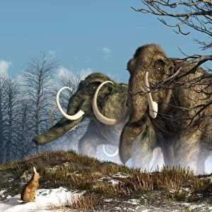 A rabbit witnesses a herd of mammoths in a snowy forest