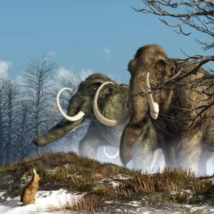 A rabbit witnesses a herd of mammoths in a snowy forest