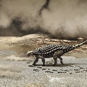 A Saichania chulsanensis dinosaur is caught in a sandstorm