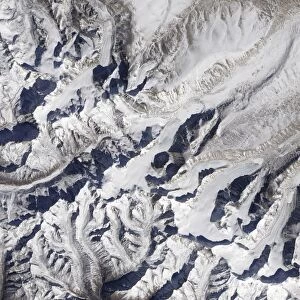 Satellite view of a Himalayan glacier surrounded by mountains