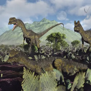 A small pack of Dilophosaurus dinosaurs during Earths Jurassic period