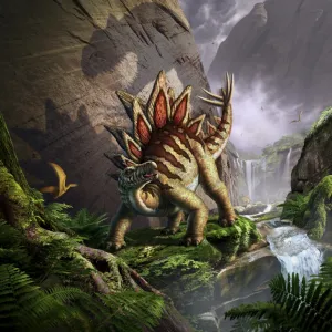 A Stegosaurus is surprised by an Allosaurus while feeding in a lush gorge