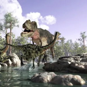 A Tyrannosaurus Rex hunting two Gallimimus dinosaurs in a river