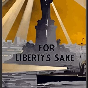 World War I poster featuring a ship with a spotlight sailing past the Statue of Liberty